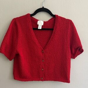 H&M Red Cropped Short Sleeve Button Cardigan